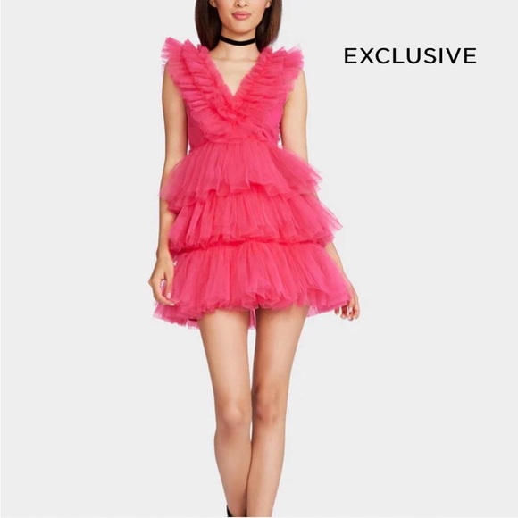 BETSEYS TIERED TULLE DRESS HOT PINK - Picture 2 of 7